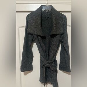 Women’s Talbots‎ Gray Silver Metallic Open Front Cardigan Collared Sweater Tie M